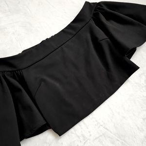 DO+ BE Off The Shoulder Wide Flutter Sleeve Rich Black Exposed Rear Zip Crop Top